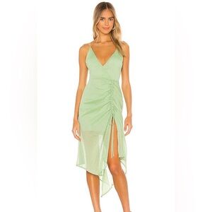 NBD Sage Pistachio Green High-Low Ruched V-Neck Midi Dress